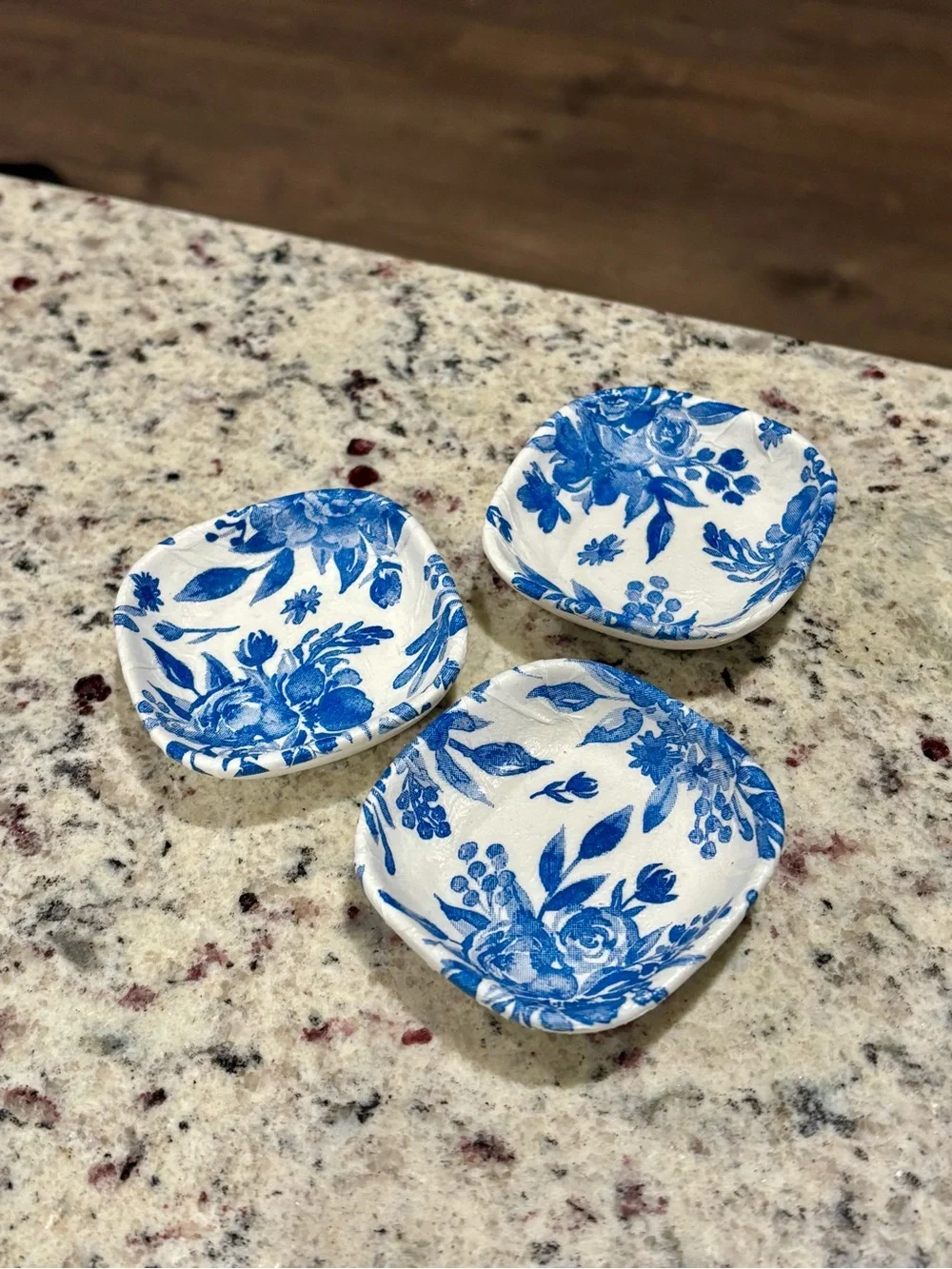Hand Made Blue Floral Ceramic Trinket Dishes - Set of 3